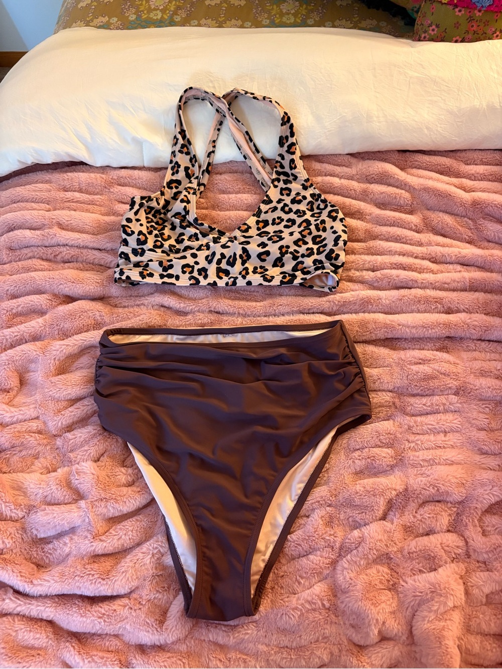 Leopard Print Bikini Top with High-Waist Brown Swim Bottoms - Women's Swim